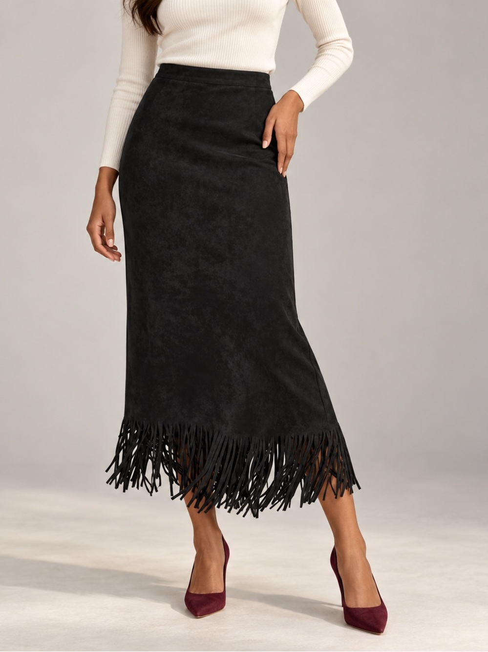 Black Suede-Look Fringe Hem Midi Skirt | Small | Western Boho | NWT
